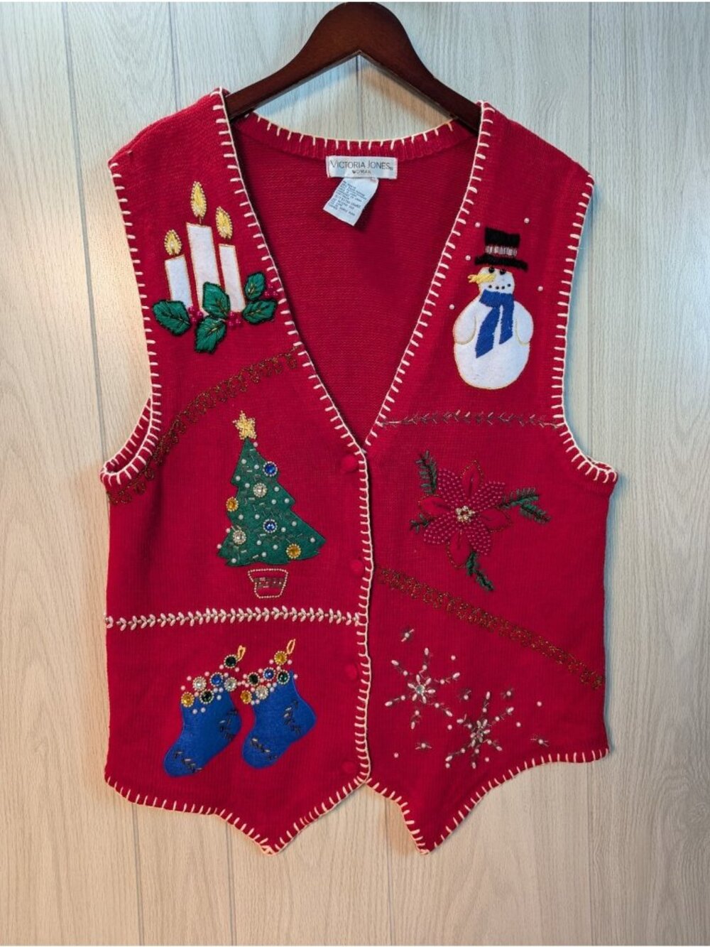 Vintage Christmas Sweater Vest Womens 1X Red Cardigan Beaded Snowman Tree